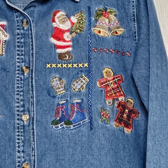 Bobbie Brooks Vintage Embroidered Christmas Button Front Chambray Blouse - Picture 3 of 12